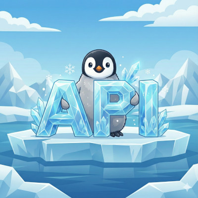 Penguin on an iceberg with hands around API text